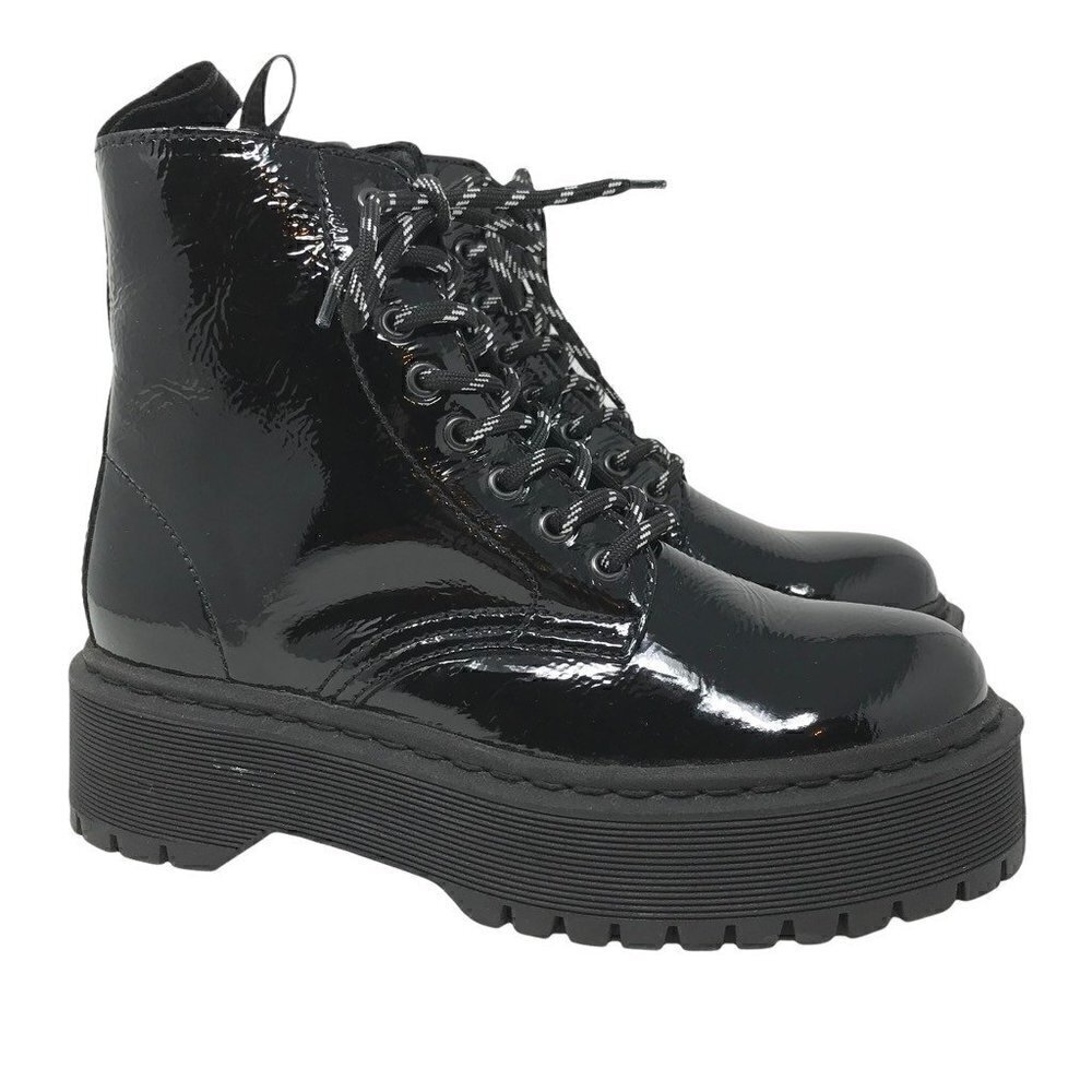 Roots Womens Ankle Booties Combat Boots Black Leather Lace Up Platform Zip 7 NEW